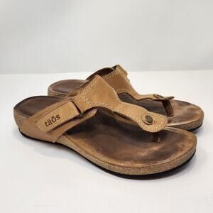 aos Women Lucy Thong Sandal Tan Brown Leather Size 39 US 8 Cork Comfort Shoe